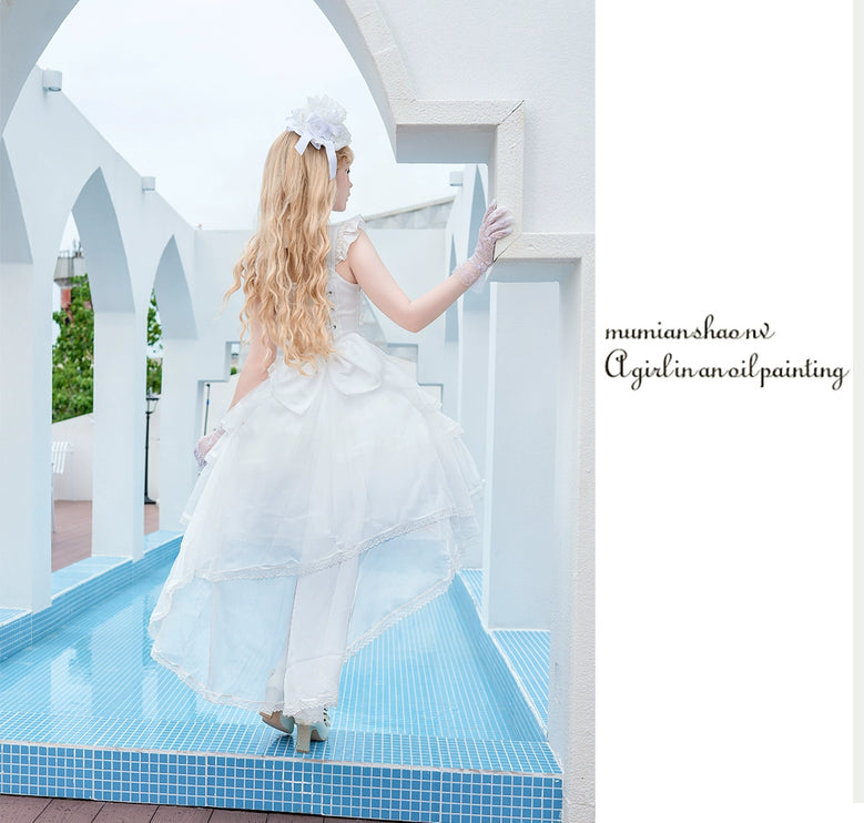 Elegant, lightweight wedding-style Lolita dress with a ballet-girl silhouette and ruffled details, inspired by cotton-candy motifs