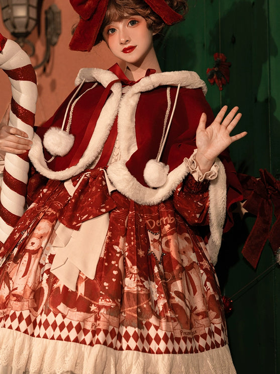 Original Christmas Lolita Dress with Thickened Winter Sweet Skirt and Cape Set for New Year