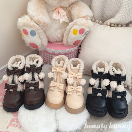 Fluffy - trimmed Ankle Boots with Adorable Bows, Ultra - cozy & Stylish