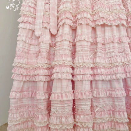 Pastel Pink Checkered Lolita Dress with Ruffled Skirt and Delicate Embellishments