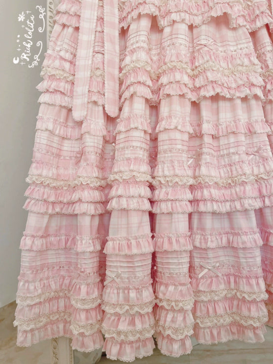 Pastel Pink Checkered Lolita Dress with Ruffled Skirt and Delicate Embellishments