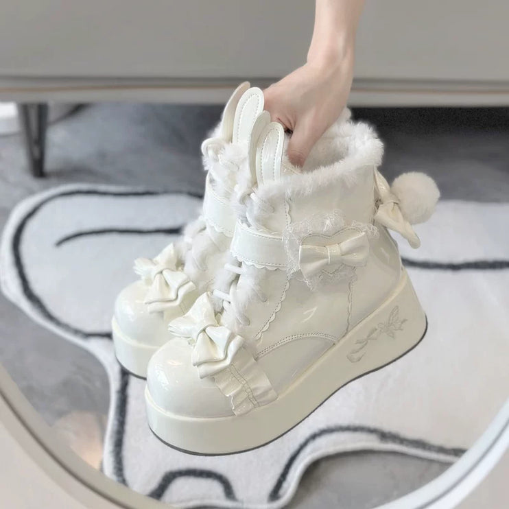 Furry - trimmed Lolita Boots with Bow - buckle and Thick Platform