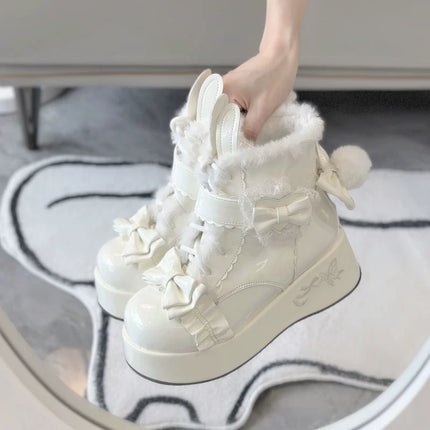 Furry - trimmed Lolita Boots with Bow - buckle and Thick Platform