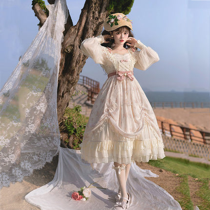 Elegant Cream Lolita Dress with Floral Embroidery and Ruffled Skirt