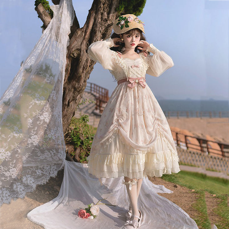 Elegant Cream Lolita Dress with Floral Embroidery and Ruffled Skirt