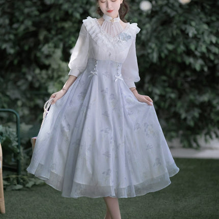 Lolita Fairy Dress! Lace Puff Sleeves + Light Blue Floral Maxi Skirt, Spring Garden Date Outfit