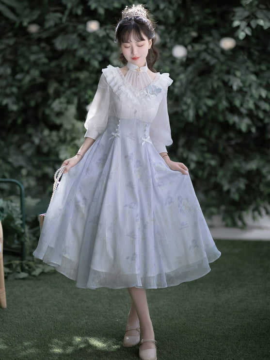Lolita Fairy Dress! Lace Puff Sleeves + Light Blue Floral Maxi Skirt, Spring Garden Date Outfit