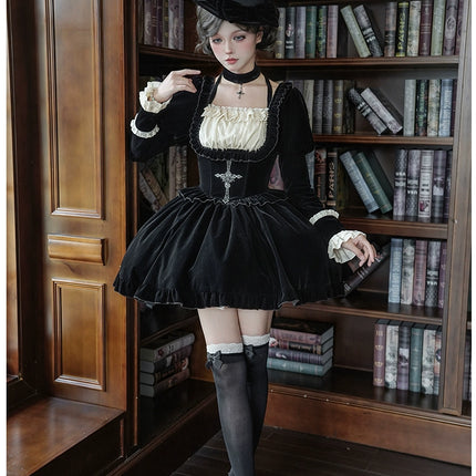 Square Neck Waist Boned Velvet OP Lolita (Gemini Winter Collection)