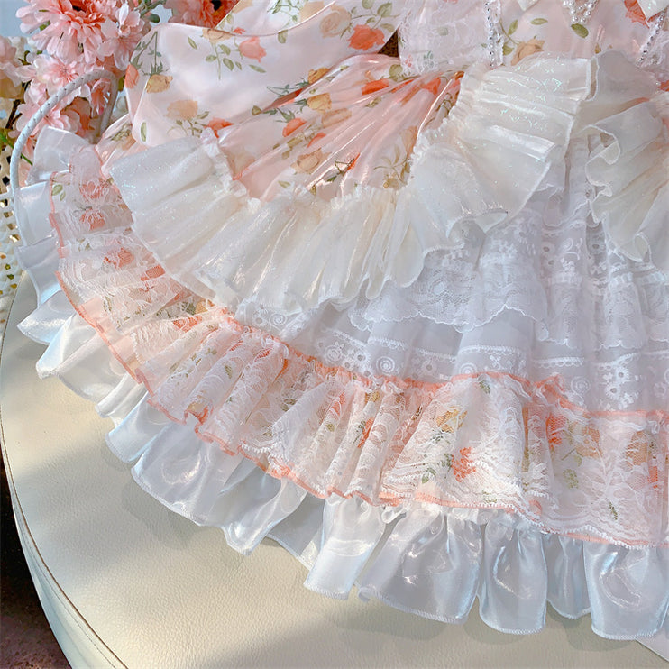 Charming Pastel Pink Lolita Dress for Girls - Floral Embellished, Multi-Layered Skirt