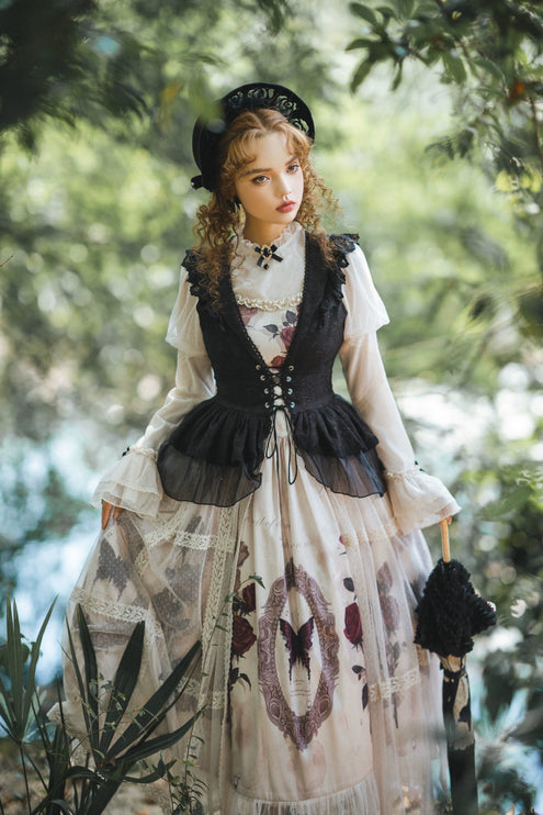 Gothic Butterfly Lolita Dress Set - High Collar Inner Layer with Lace Overlay and Waist-Cinching Vest