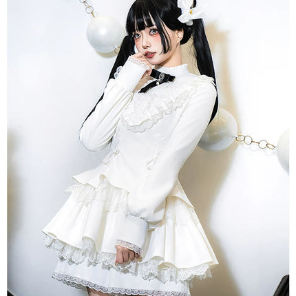 Gothic Lolita Dress with White Lace Collar, Long Sleeves and Lace - up Details