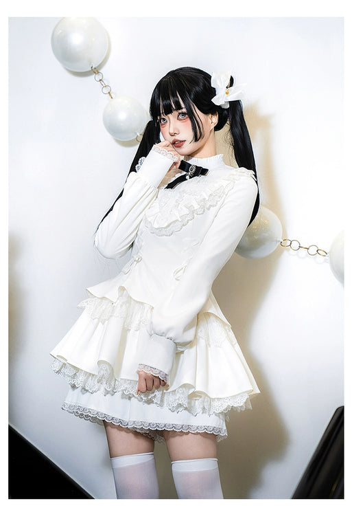 Gothic Lolita Dress with White Lace Collar, Long Sleeves and Lace - up Details