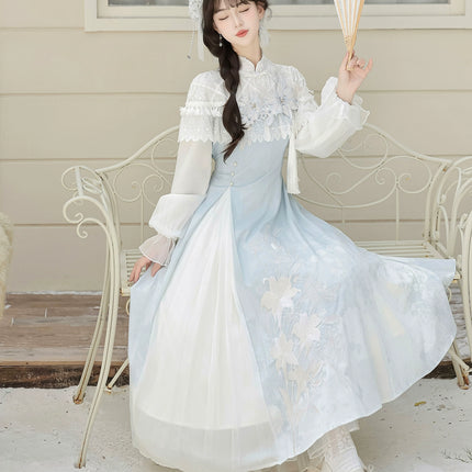 Light - blue Traditional Chinese - style Dress with Delicate Floral Embroidery and Sheer Sleeves