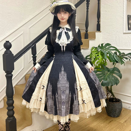 Gothic - inspired Lolita Dress with Cathedral Prints, Lace Trims and Delicate Bow