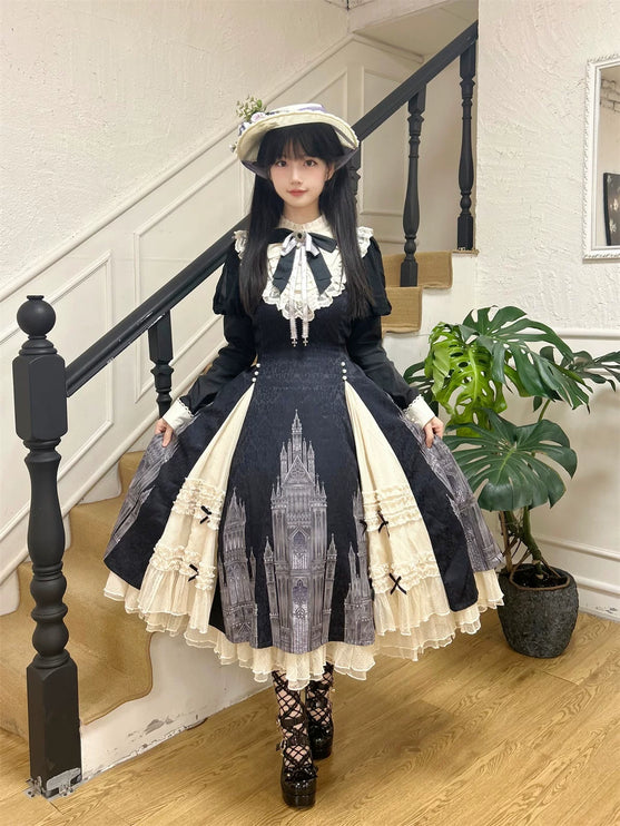 Gothic - inspired Lolita Dress with Cathedral Prints, Lace Trims and Delicate Bow