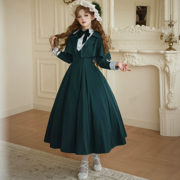 Elegant Victorian - inspired Black Dress with Bowknot and Flared Skirt