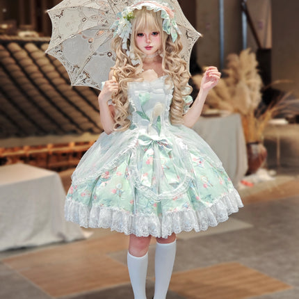 Vintage-Sweet Style Arrives! Mint-Green Print Lolita Dress with Lace Trim – Create a Retro-Sweet Girl Look