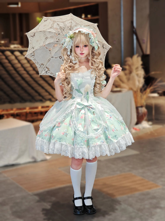 Vintage-Sweet Style Arrives! Mint-Green Print Lolita Dress with Lace Trim – Create a Retro-Sweet Girl Look