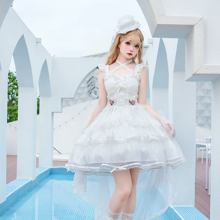 Elegant, lightweight wedding-style Lolita dress with a ballet-girl silhouette and ruffled details, inspired by cotton-candy motifs