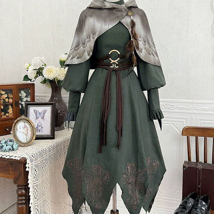 Fantasy - Style Capelet Dress with Embroidered Hem and Buckled Waist Belt