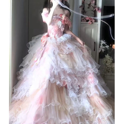 Elegant Formal Dress for Graduation, Coming-of-Age Ceremony, or Princess Wedding with Sweet Floral Bridal Style