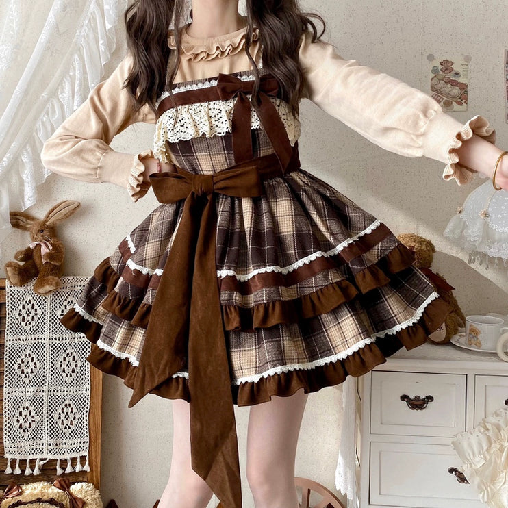 Woodland Plaid Lolita Dress - Cozy Wool JSK with Velvet Bows and Lace Trim