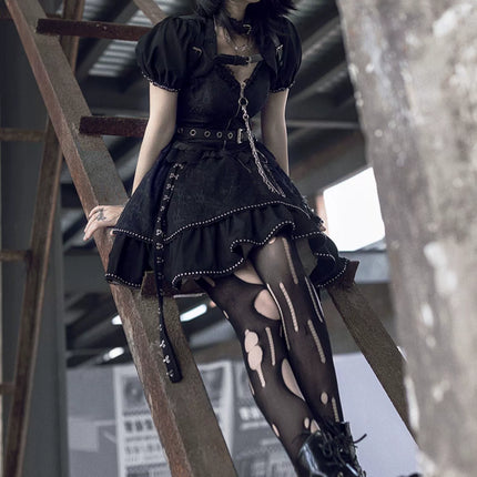 Original Punk Style JSK Corset Dress with Detachable Sleeves, Lace Trim, and Metal Chain Accents