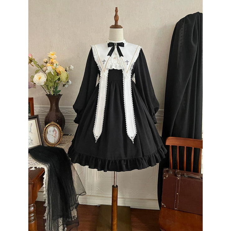 Long-sleeved Lolita princess dress, black, gothic and classical style, suitable for daily wear and Halloween.
