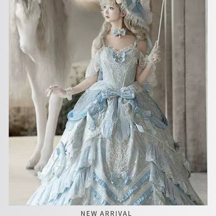 Dreamy Light - Blue Lolita Grand Ball Gown with Intricate Lace and Elegant Bow Decorations