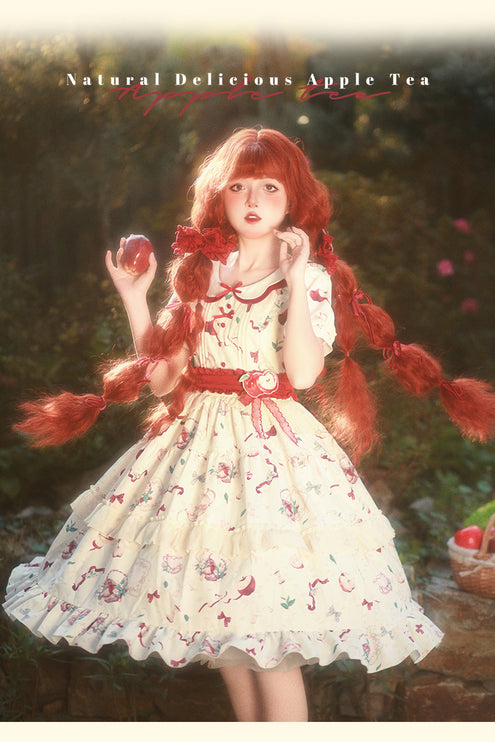 Vintage Whimsy Lolita OP - Cream Floral Pattern with Red Accents
