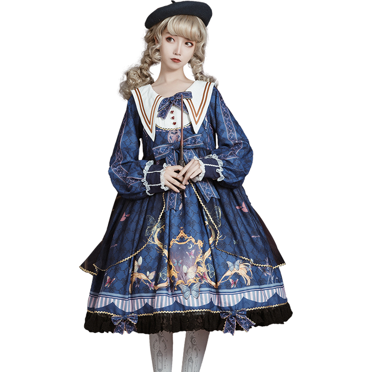 Lolita Tea Party Dress! Navy Collar Embroidered Bow Floral Jacquard Puffy Long Sleeve OP Dress
