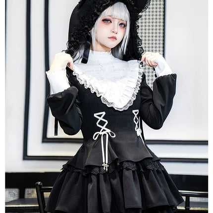Gothic Lolita Dress with White Lace Collar, Long Sleeves and Lace - up Details