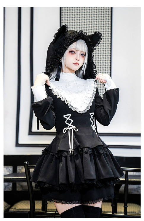 Gothic Lolita Dress with White Lace Collar, Long Sleeves and Lace - up Details