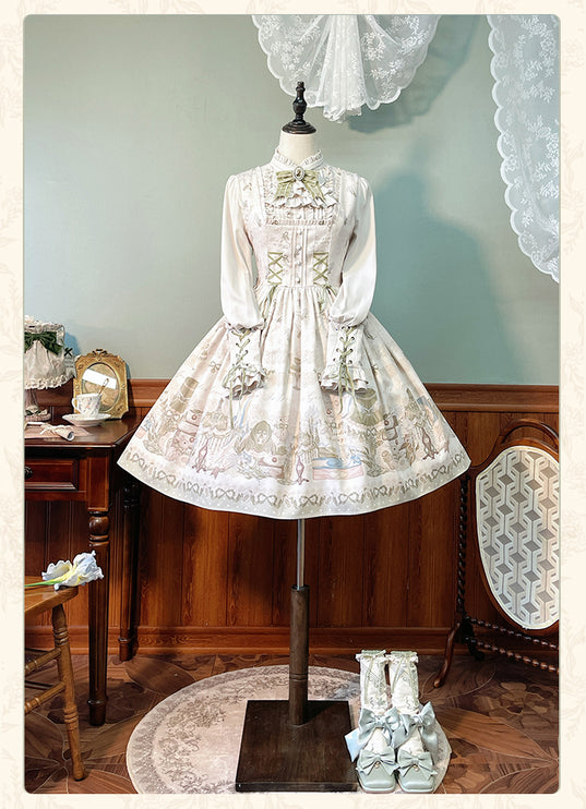 Whimsical Floral Lolita Dress – Tiered Skirt with Detachable Bows & Crisscross Ribbon Details