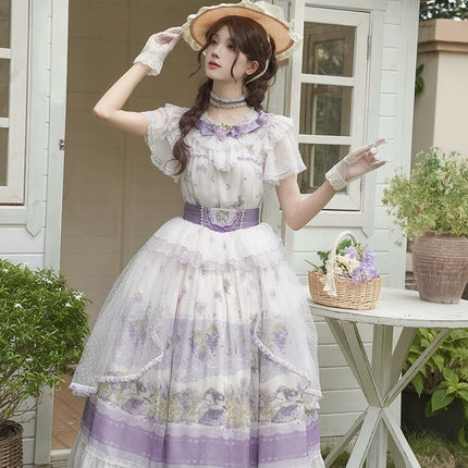 French Country Chic CLA Lolita JSK Dress – Purple & White Lace Bell Sleeve OP