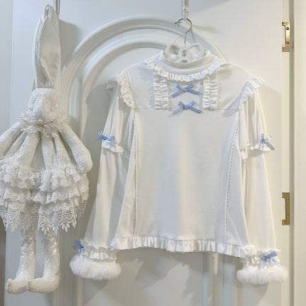 Lolita Dress with Adorable Bear Prints, Blue - toned Ribbons and Fluffy Trim, Comes with Matching Headpiece