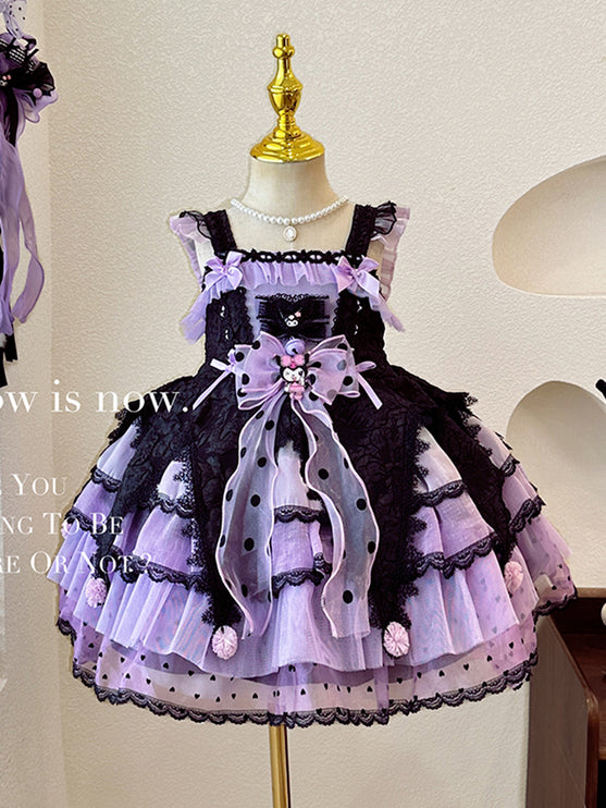 Elegant Black and Purple Lolita Dress for Girls - Intricate Lace and Ruffled Skirt
