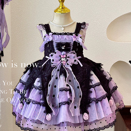 Elegant Black and Purple Lolita Dress for Girls - Intricate Lace and Ruffled Skirt - Perfect for Tea Parties and Special Occasions