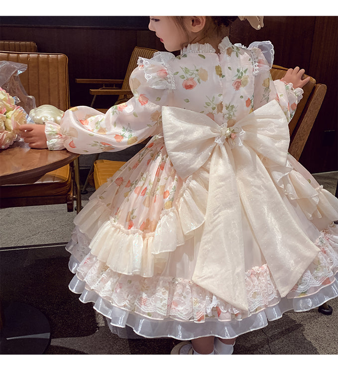 Charming Pastel Pink Lolita Dress for Girls - Floral Embellished, Multi-Layered Skirt