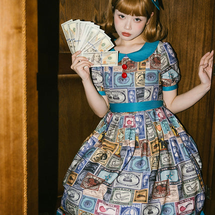 Vintage Postage Stamp Lolita Dress – Classic American Retro Short Sleeve OP for Daily Wear