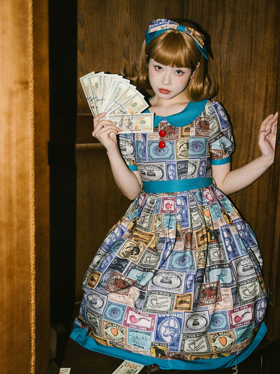 Vintage Postage Stamp Lolita Dress – Classic American Retro Short Sleeve OP for Daily Wear