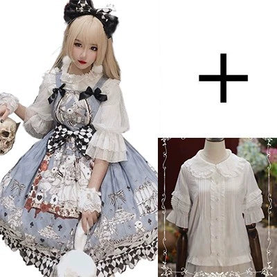 Wonderland Gothic Lolita Dress - Vintage Blue Sleeveless JSK with Harlequin Bow