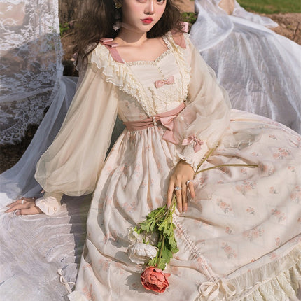 Elegant Cream Lolita Dress with Floral Embroidery and Ruffled Skirt