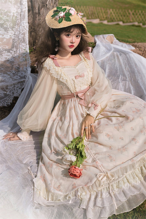 Elegant Cream Lolita Dress with Floral Embroidery and Ruffled Skirt