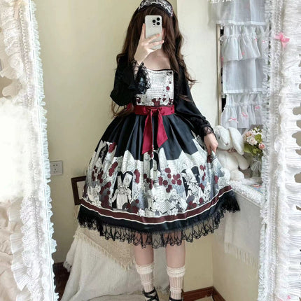 Dark Wonderland Asylum Lolita Dress - Gothic OP with Velvet Ribbon and Eerie Storybook Print