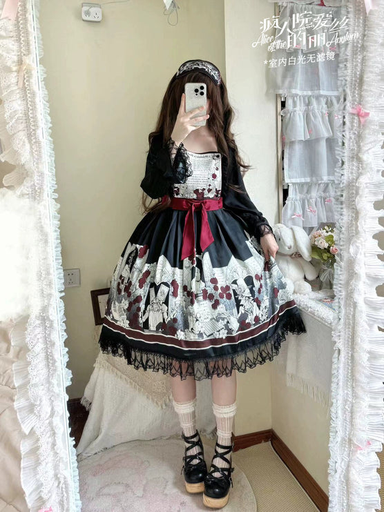 Dark Wonderland Asylum Lolita Dress - Gothic OP with Velvet Ribbon and Eerie Storybook Print