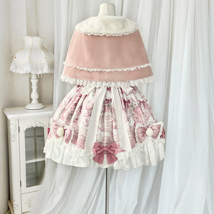 Lolita Capelette Dress Set with Bow - detail and Lace Trim, Pastel Pink and White Color Scheme