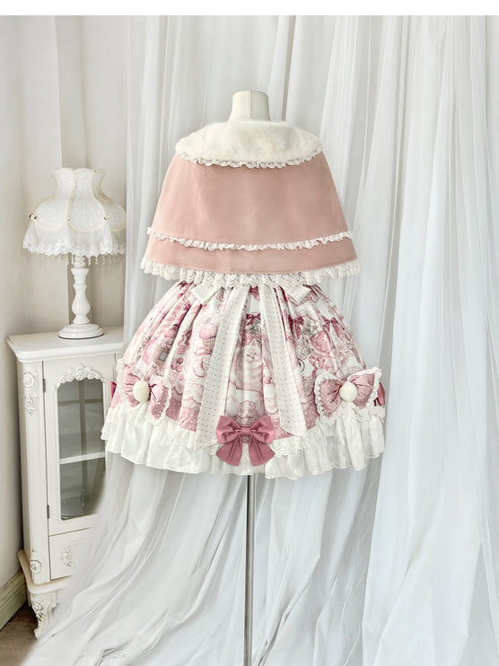 Lolita Capelette Dress Set with Bow - detail and Lace Trim, Pastel Pink and White Color Scheme