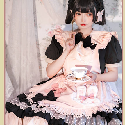 Sweet Pink Lolita Apron with Puff Sleeves OP Maid Lolita Dress