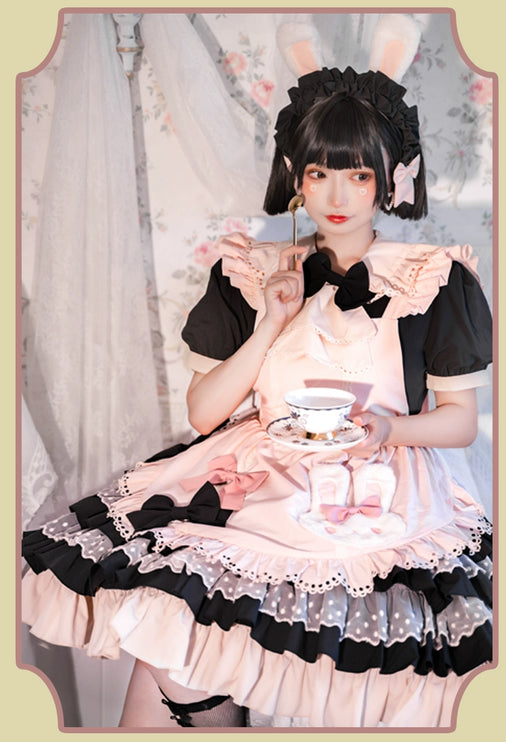 Sweet Pink Lolita Apron with Puff Sleeves OP Maid Lolita Dress